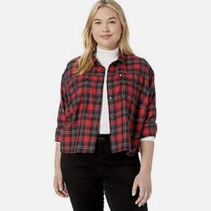 Levi's Selah Shirt SIZE MEDIUM Red Plaid Flannel Cropped Button Up Long Sleeve